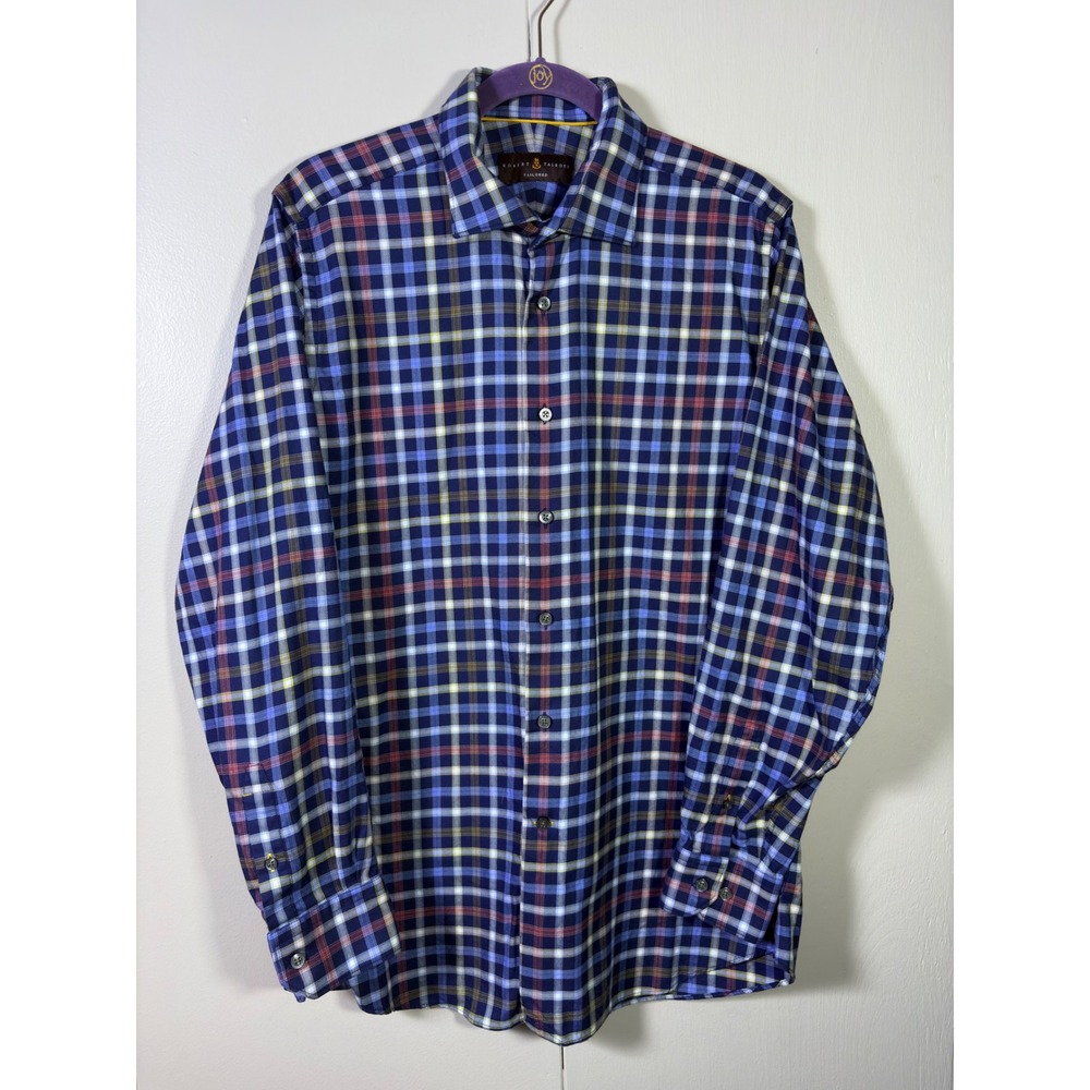 Robert Talbott Tailored Mens Large Blue Plaid Cotton Button Down Shirt L Preppy